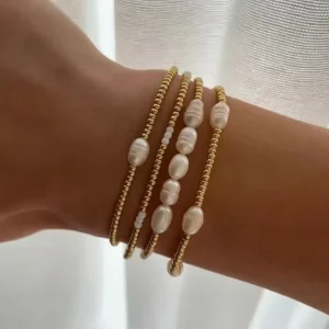 Minimalist 18K Gold PVD Plated Beaded Bracelet Natural Freshwater Pearls Layered Stackable Daily Wear Jewelry Bohemian Jewelry