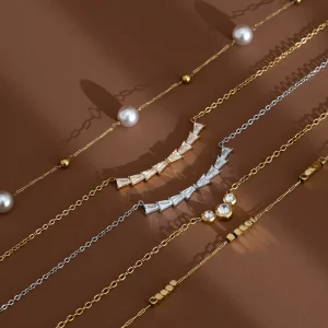 Minimalist 18K Gold Plated 316L Stainless Steel Necklace Waterproof Tarnish Free Dainty Pearl Smile Bar Chain Jewelry for Women