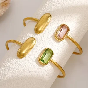 Minimalist 18K Gold Plated Cuff Bracelet Waterproof Stainless Steel with Oval Cut Crystal Adjustable Open Bangle for Women