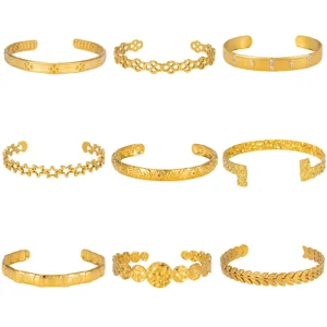 Minimalist 18K Gold Stainless Steel Cuff Bangle Engraved Sun Moon Star Leaf Pattern Slim Adjustable Bracelet Fashion Jewelry