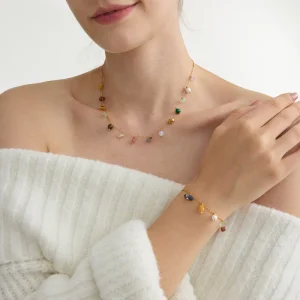 Minimalist 18K Gold Stainless Steel Necklace Glass Pearl Colored Irregular Natural Stone Chain Bracelet Jewelry Women