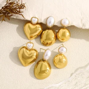 Minimalist 18k Gold Plated Stainless Steel Geometric Heart Imitation Pearl Drop Earrings Trendy Women’s Party Jewelry Earring