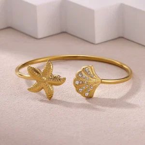 Minimalist 18k Gold Plating Stainless Steel Starfish Shell Bangle Bracelet Personalized Beach Holiday Style Opening Bracelet