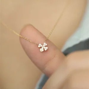 Minimalist 925 Sterling Silver Gold Vermail Inlay Flower Diamond Necklace Four Leaf Clover Necklace for Women Gifts