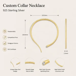 Minimalist 925 Sterling Silver Open Choker Necklace for Women Gold Plated Adjustable Collar Diamond Tip Jewelry