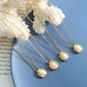 Minimalist Baroque Style Pearl Necklace Stainless Steel Round Pearl in Gold Frame Pendant Necklace for Birthday Gift