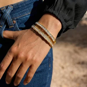 Minimalist C shape Rhinestone Zircon Open Bracelet 18K Gold Bangle Non Tarnish Waterproof Stainless Steel Jewelry for Women