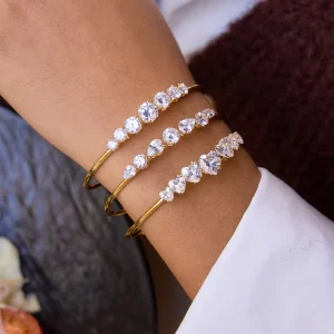Minimalist Clear Heart Zircon Pave Opening Bangle Stainless Steel Shiny Stacking Party Jewelry