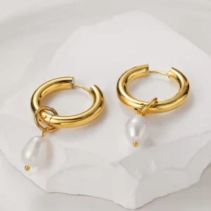 Minimalist Ear Buckle Gold plated Stainless Steel Pearl Drop Earrings with Geometric Shape Women’s Party Jewelry