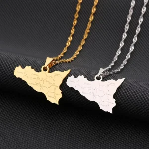 Minimalist Electroplated Stainless Steel Necklace with Sicily Map Pendant Water-Wave Chain for Women’s Fall/Winter Hoodie