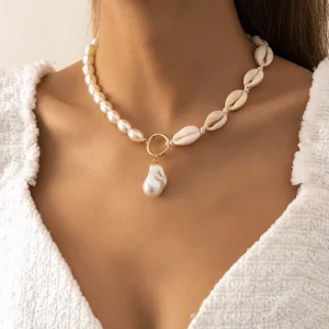 Minimalist Elegant Shell Splicing Necklace Gold Plated Bead Chain Pearl Sea Shell Pendant Necklace for Women