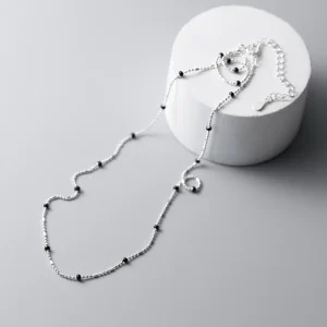 Minimalist Enamel Black Bead Choker Chain Necklace 925 Sterling Silver for Women
