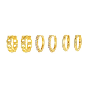 Minimalist Fashion Jewelry Set for Women 3Pairs Set 18K Gold Plated Hoop Earring Chain Ring Geometric Zircon