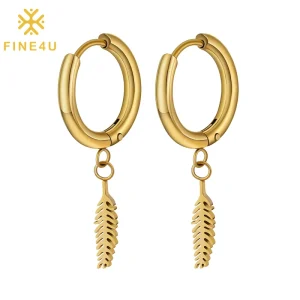 Minimalist Fashion Women Jewelry 18K Gold Plated Stainless Steel Feather Drop Huggie Hoop Earrings