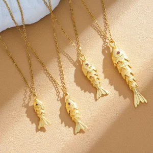 Minimalist Fish Pendant Necklace Link Chain Unisex Gold Plated Lab Created Pave Set Zircon Copper