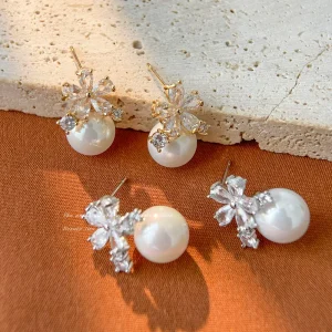 Minimalist Flower Pearl Vintage Western Natural Tarnish Free Summer Hoop Jewellery Fashion Stud Earrings for Women