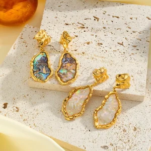 Minimalist Geometric Irregular White Shell Gold Plated Stainless Steel Drop Earrings for Women Trendy Party Jewelry