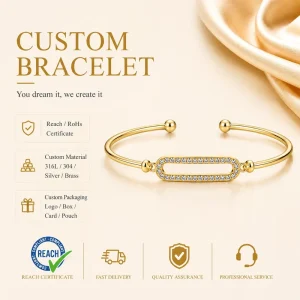 Minimalist Geometric Paved Link Open Cuff Bangle Stainless Steel 18k Gold Plated CZ Accent Jewelry for Her Gift