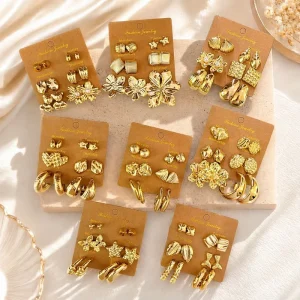 Minimalist Gold Plated Stainless Steel Geometric Stud Earring Set 6 Pieces for Women