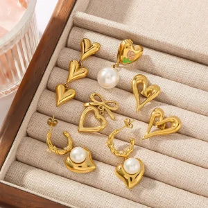 Minimalist Gold Plated Stainless Steel Geometric Tassel Bow Pearl Drop Earrings for Women Trendy Party Jewelry