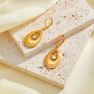 Minimalist Gold Plated Zircon Stainless Steel Drop Earrings with Water Droplet Design Trendy for Women’s Party Occasions