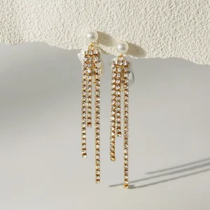 Minimalist Long Huggie Tennis Earrings Crystal Rhinestone Baroque Pearl Earrings Stainless Steel Earrings for Women