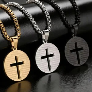 Minimalist Luxury Engraved Round Plate Hollow Cross Geometric Stainless Steel Pendant