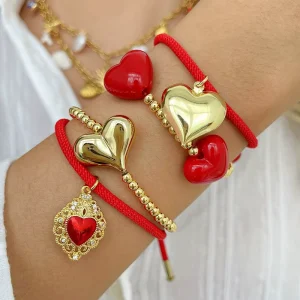 Minimalist Red & Gold Heart Beaded Bangle Bracelet Vintage 18K Gold Plated Unisex Party Elegant Accessories