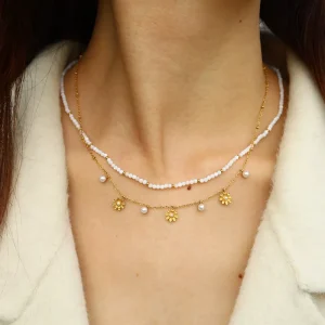 Minimalist Shell bead Necklace with Sunflower inspired Pearl Pendant
