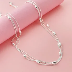 Minimalist Silver Plated Brass Layered Necklace for Women Triple Layer Snake Chain with Oval Bead Accents Fashion Jewelry