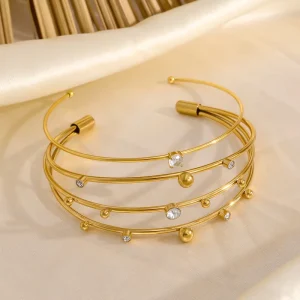Minimalist Stainless Steel Adjustable Cuff Bracelet 18K Gold-plated Zircon Hollow Opening Women’s Trendy Party Jewelry