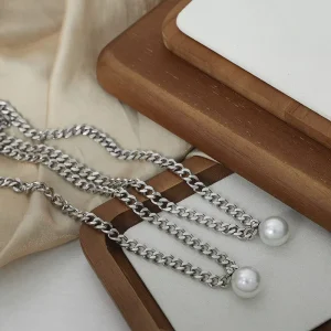 Minimalist Stainless Steel Chain Shell Bead Pendant Necklace for Gift