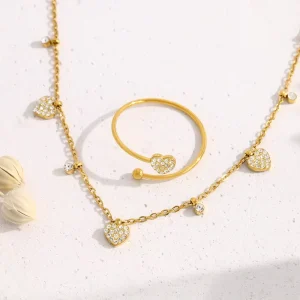 Minimalist Stainless Steel Gold-plated Zircon Geometric Heart-shaped Chokers Necklace with Link Chain for Women’s Party Occasion