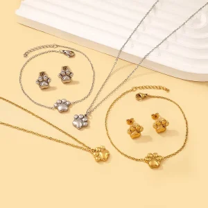 Minimalist Stainless Steel Jewelry Tarnish Free 18K Gold Plated Cute Animal Paw Print Necklace Bracelet Earrings Set