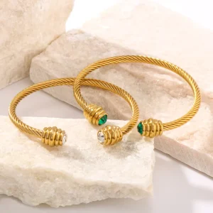 Minimalist Twisted Rope Stainless Steel Zircon Cuff Bracelet for Women Gold Plated Geometric Design Trendy Party Jewelry