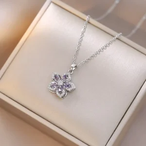 Minimalist Zircon Flower Rotatable Pendant Wear Resistant Stainless Steel Stylish Women Outdoor Jewelry Necklace Factory Direct