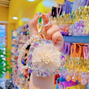 Mirror Bag Charm Makeup Mirror Keychain Fashion Bag Hanging Ornaments Rhinestone Heart Keychain