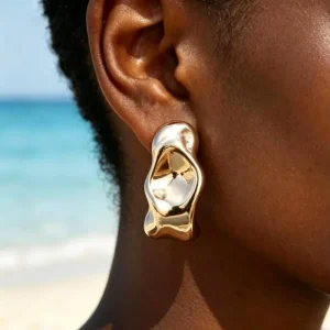 Mirror Polished Irregular Hammer Patterned Metal Earrings Gold Plated Triangle Gold Hoop Earrings Women