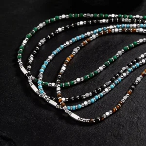 Mixed Colorful Stone Beaded Chain Stainless Steel Malachite Tiger Eye Turquoise Handmade Summer Beach Necklace for Women Men