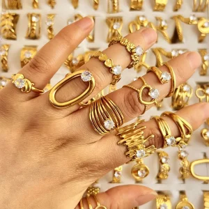 Mixed Stainless Steel Gold Plated Trendy Cuff Zircon Ring Hollow Irregular Geometric Heart Ring Women’s Wedding Gifts
