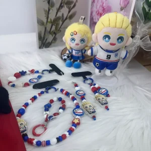 Mobile Phone Hanging Chain Football Star Cartoon Bead Long Hanging Chain Set Red White and Blue Sports Style