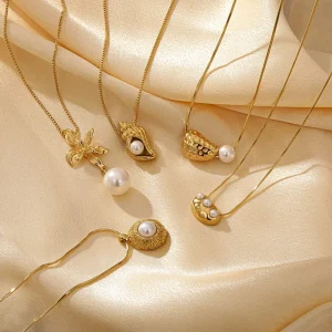 Modern Chic Customizable Stainless Steel 18K Gold Plated Thin Dainty Choker Chain Geometric Pendant Pearl Necklaces