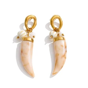 Modern Luxury Resin Horn Ceramic Bead Drop Earrings Stainless Steel Hoop Long Dangle Earrings