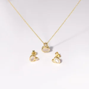 Modern Minimalist Style Double Stone Ovals Shape Bezel Setting Moissanite Earring Thin Chain Necklace Set Valentine’s Day Gift