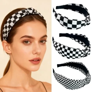 Modern Plaid Knotted Headbands Black White Checkered Wide Head Bands Women Makeup Wash Face Hairband Fashion Hair Accessories