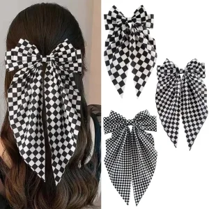 Modern Plaid Large Bow Hair Clip Black and White Checkered Hair Barrettes Long Ribbon Hairpin Women Fashion Hair Accessories