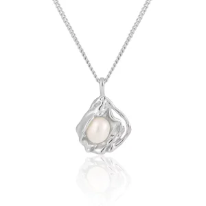 Modern S925 Silver Organic Pearl Pendant Necklace 925 Sterling Silver Sculptural Frame Necklace