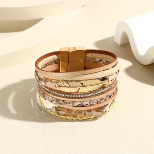 Modern Stainless Steel Charm Bracelet Crystal Feather Accessories Multi-Layer Wide-Brimmed Silver/18K Gold Plated Fashion
