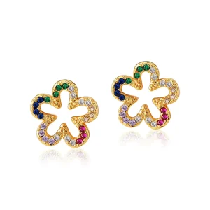 Modern Tiny Flower Colored Rhinestones Brass Elegant Gold Plated Fashion Jewelry Stud Earring