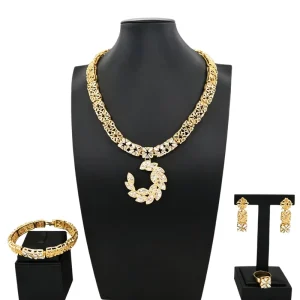 Modern Twisted Chain Gold Tone Jewelry Set Hollow Flower Statement Necklace Bracelet Earrings HB00114